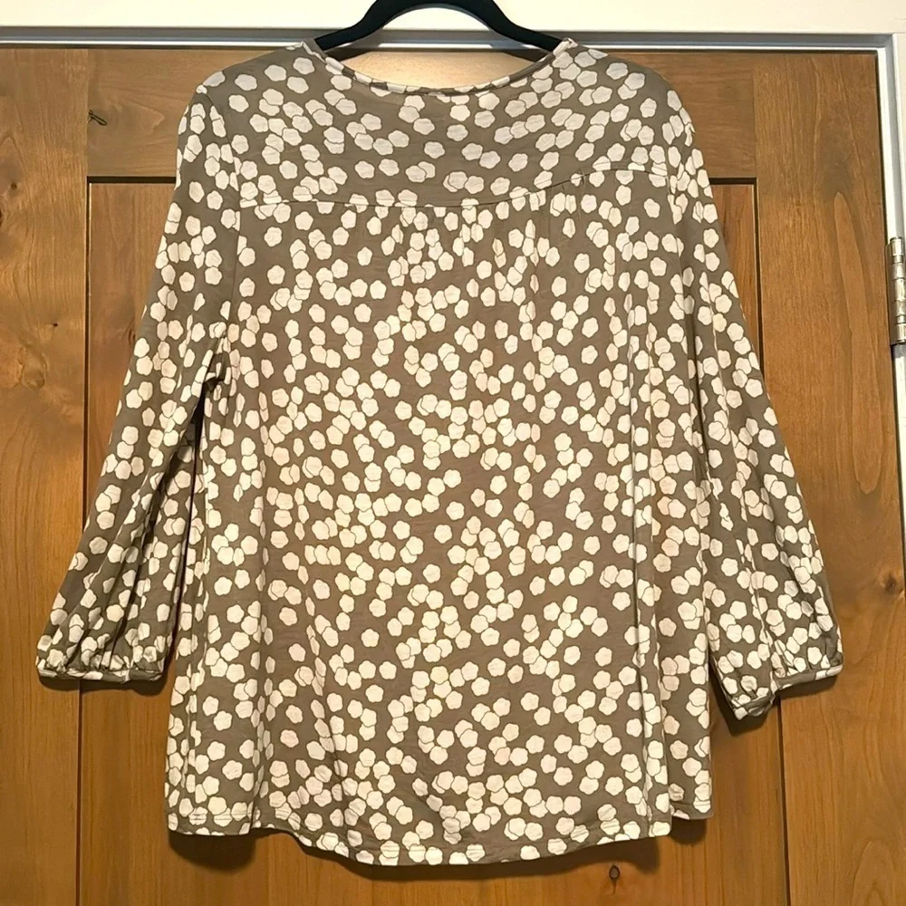 Boden Peasant Tunic blouse Womens 12 wool blend Tan/White long sleeves office - Picture 2 of 7
